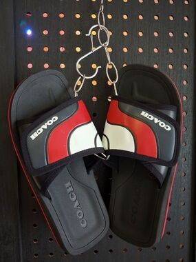 Coach Men’s Slide Sandals in Black, Red & White